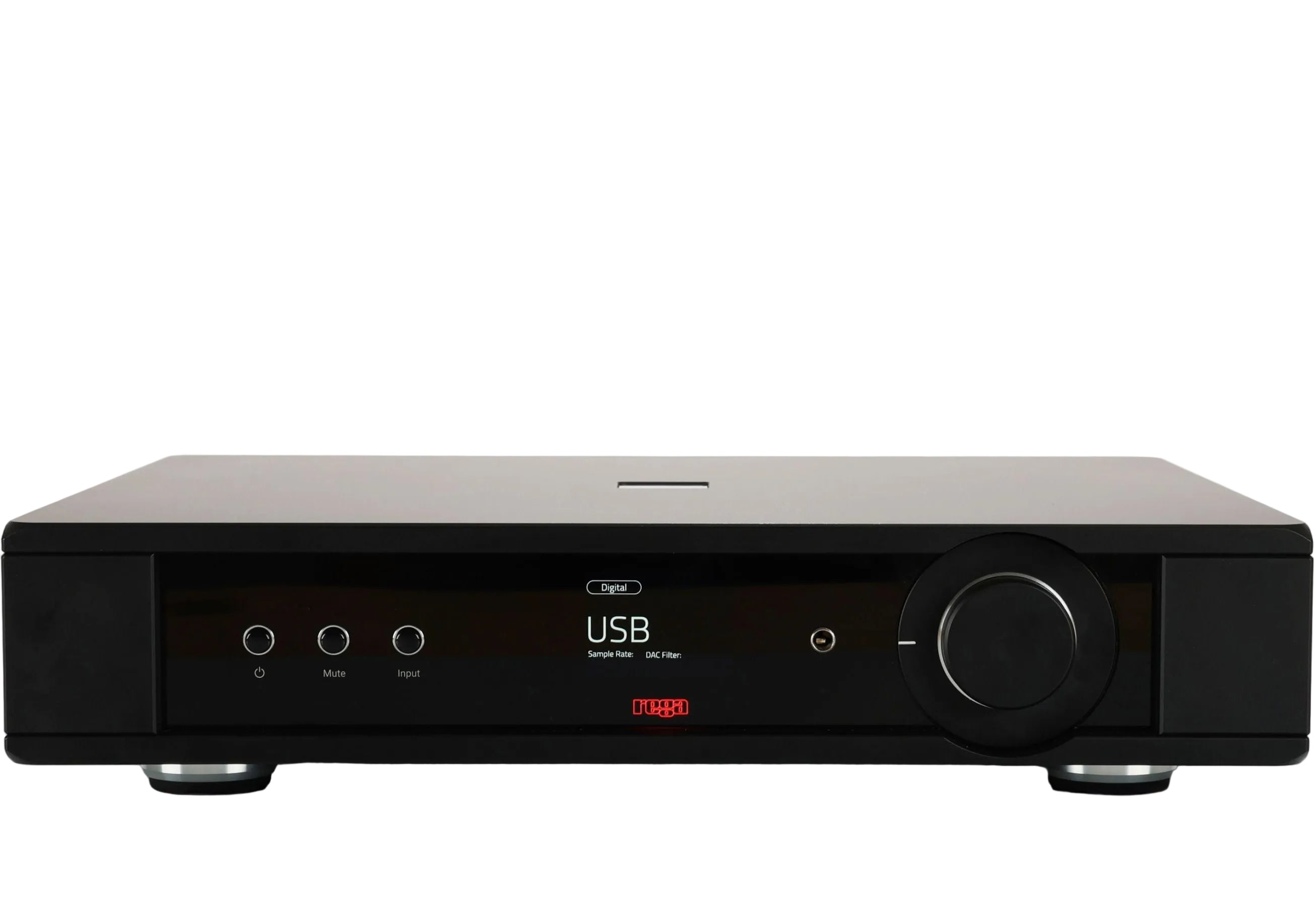 Rega Mercury stereo amplifier with sleek design and control knobs, showcasing high-quality audio hardware.
