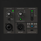 Mackie Thrashv2 rear panel with input gain, mic/line switch, XLR/TRS combo input, speaker level, Feedback Eliminator, four voicing modes, XLR mix out and Bluetooth pair/link