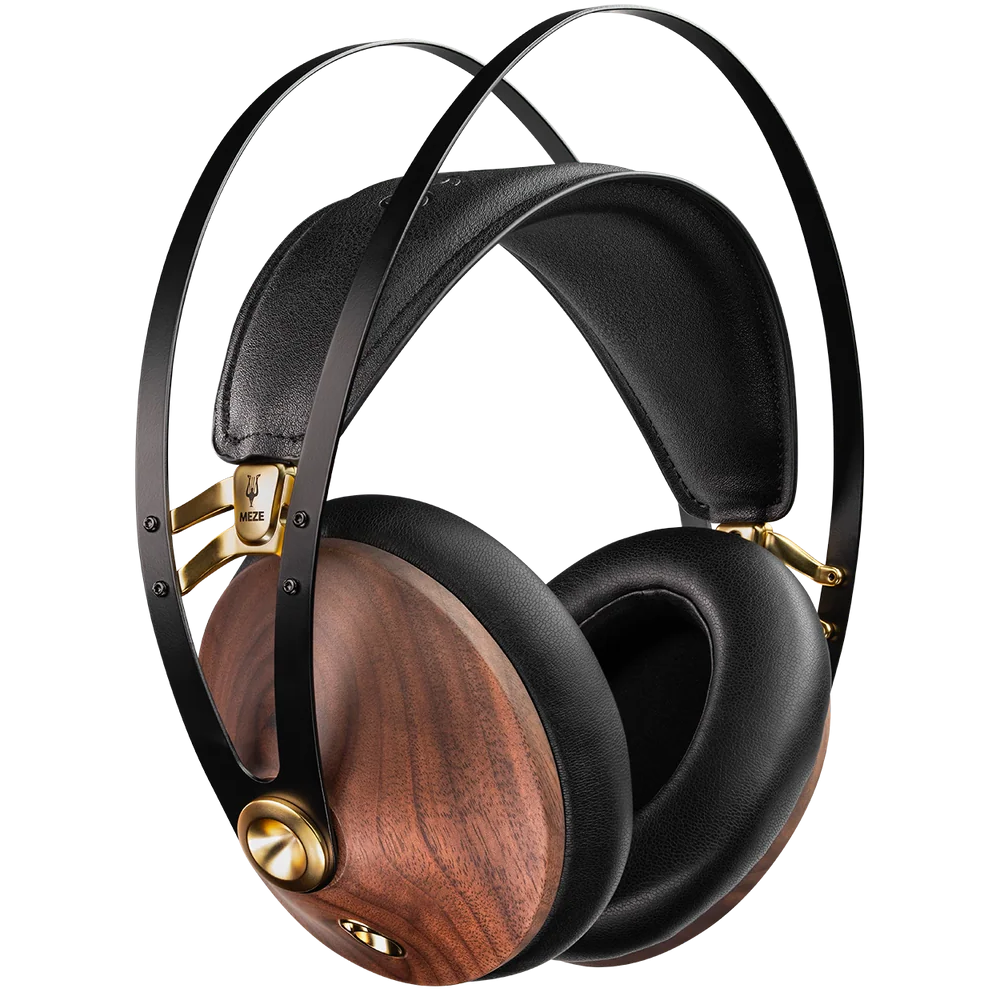 Meze Audio 99 Classics 2nd Gen wired headphones featuring wooden ear cups and a sleek black headband.