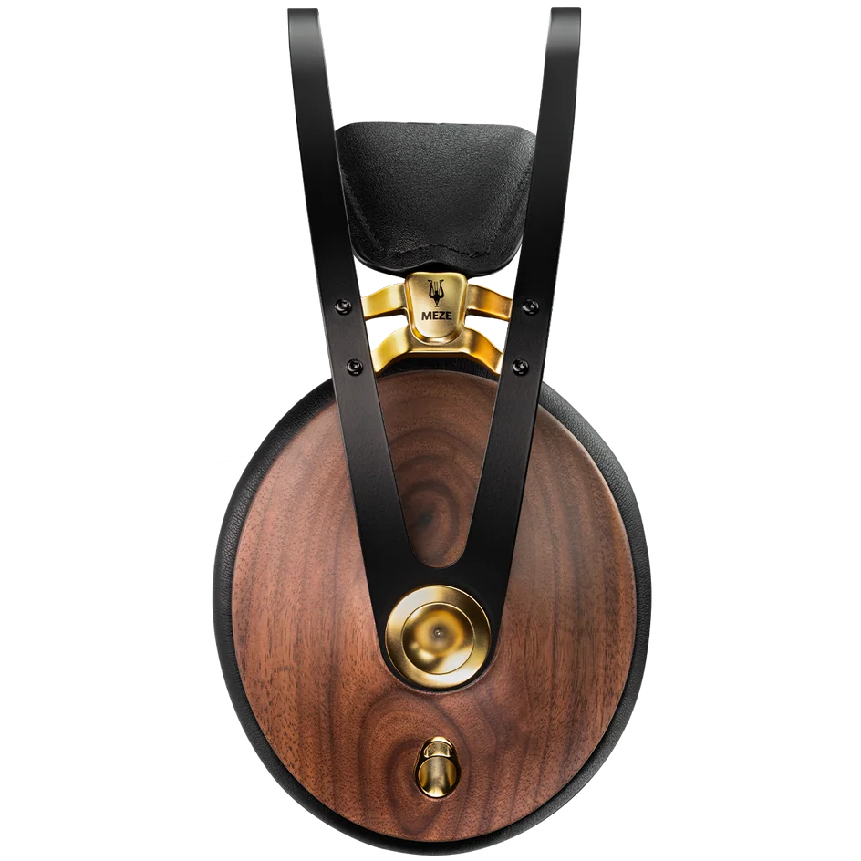 Close-up of Meze Audio 99 Classics 2nd Gen wired headphones with wooden ear cups and black headband, showing detailed craftsmanship.
