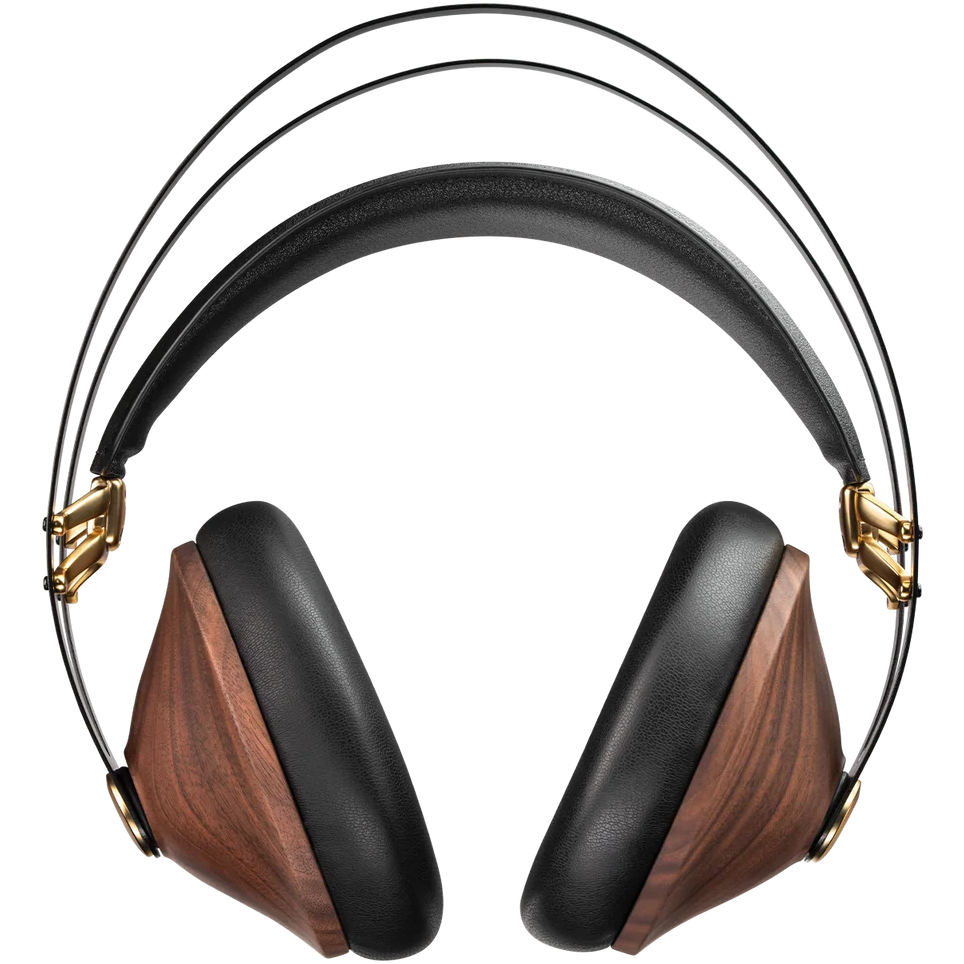 Close-up of Meze Audio 99 Classics 2nd Gen wired headphones with wooden ear cups and black headband, showing detailed craftsmanship.