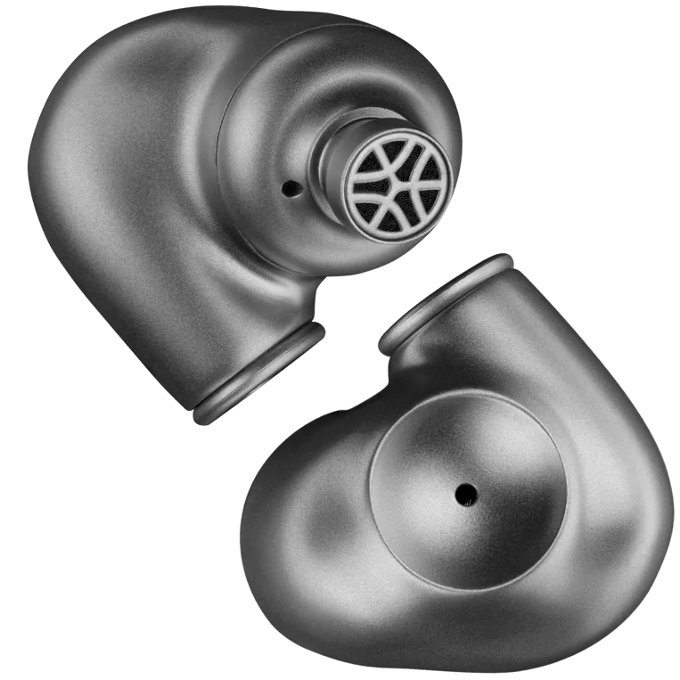 Meze Audio Astru wired in-ear headphones with black ear tips and sleek design, close-up view of the in-ear monitor.