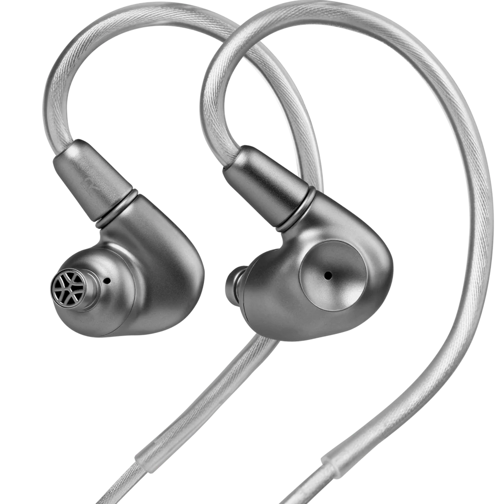 Meze Audio Astru wired in-ear monitor headphones with sleek design and black earbuds, showing the detailed ear tips.