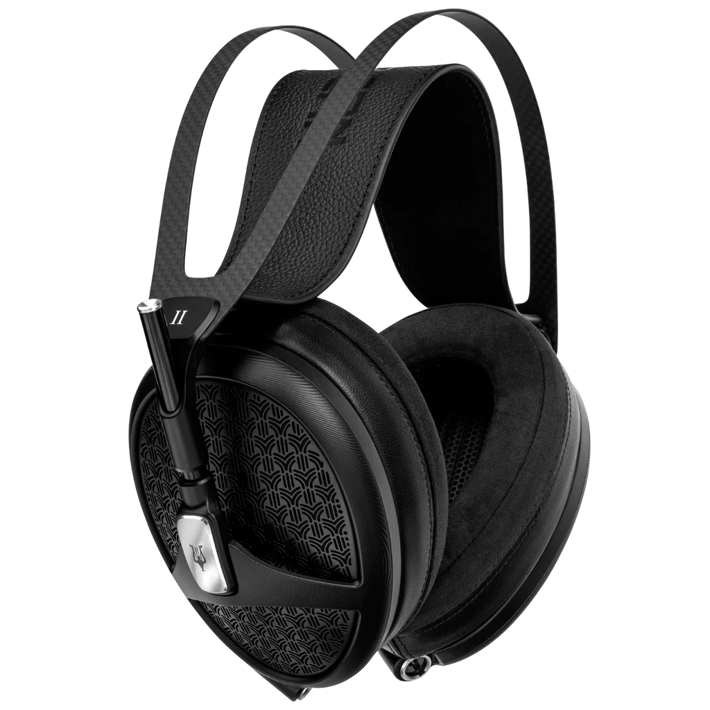 Meze Audio Empyrean II wired headphones with black ear cups and headband, showing detailed ear cushions and sleek design.