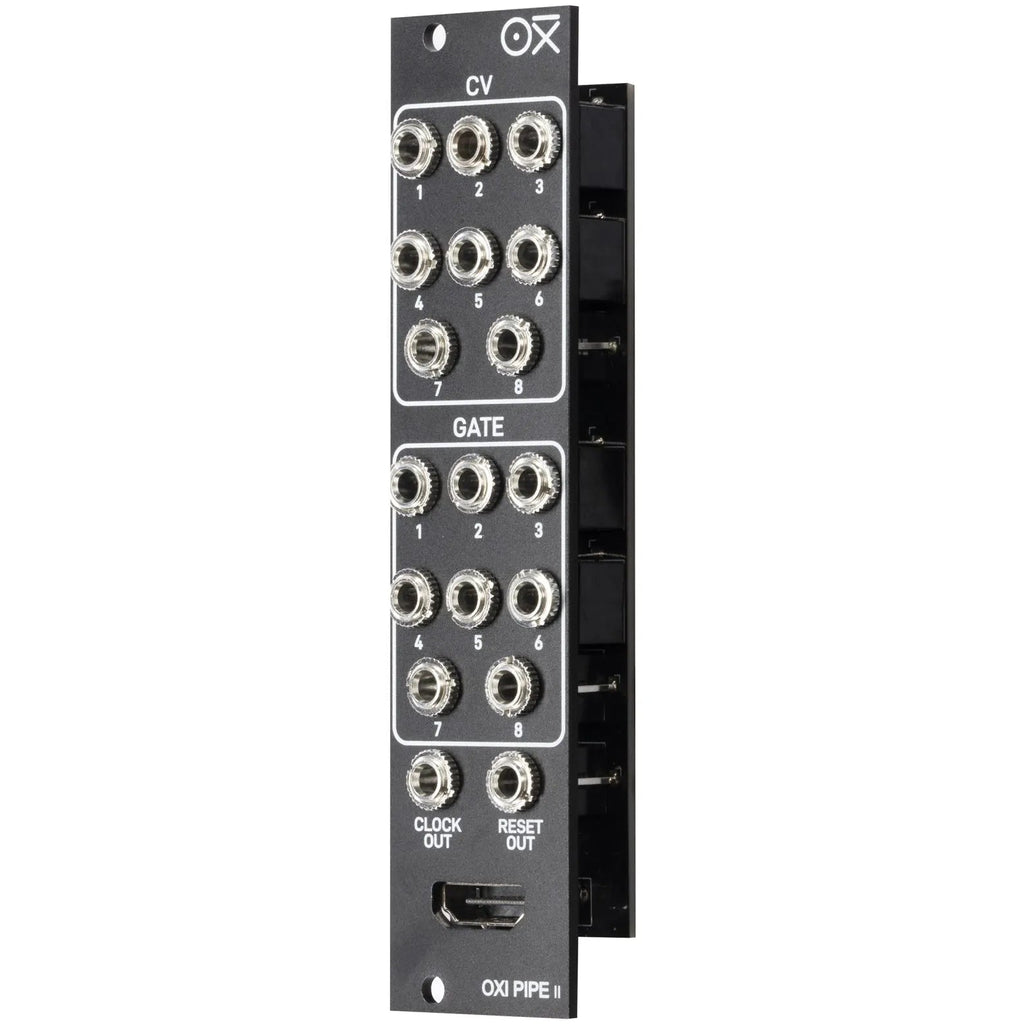 Close-up of the OXI Instruments Pipe MKII semi-modular synthesizer module showing its knobs and input jacks.