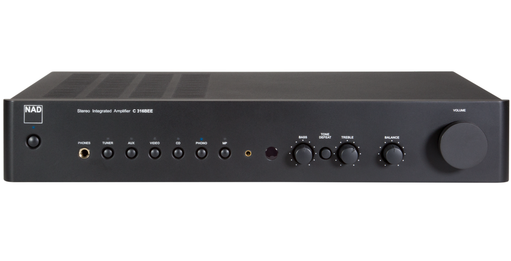 NAD C316BEE V2 stereo amplifier front view showing sleek black design with control knobs and input ports.