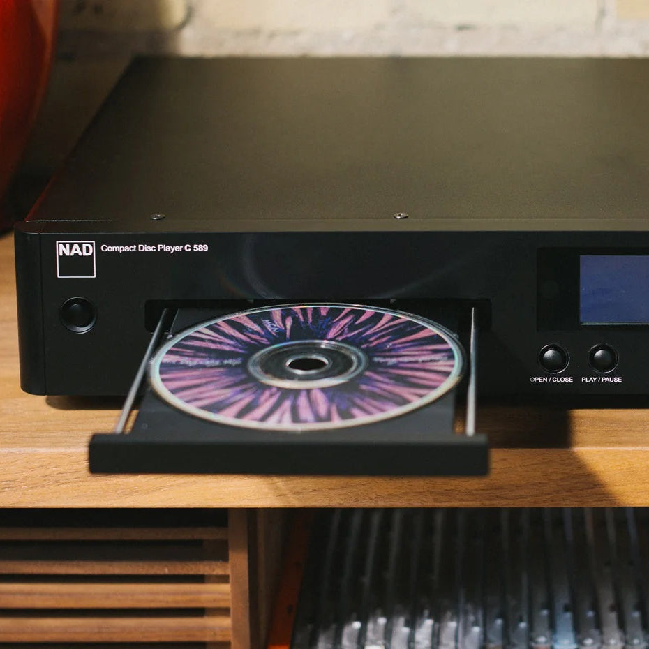 NAD C 589 CD player with open drawer, front view showing disc tray and sleek black design.