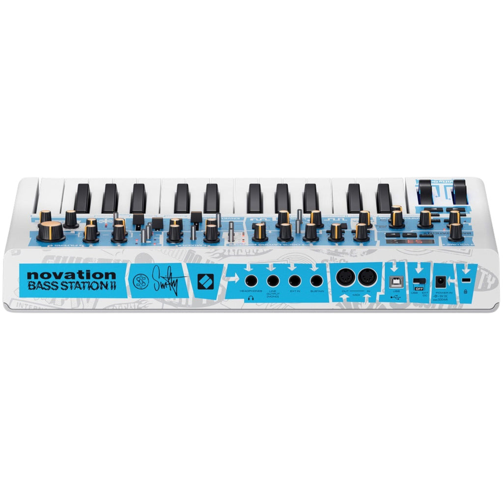 Novation Bass Station II synthesizer from Swifty Edition with keyboard and control knobs, designed for electronic music production.
