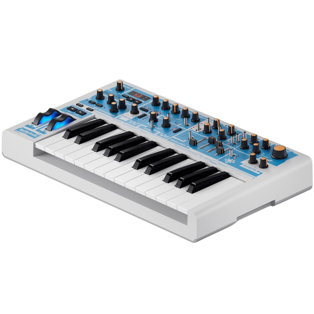 Novation Bass Station II Swifty Edition synthesizer with knobs, buttons, and keyboard for music production.
