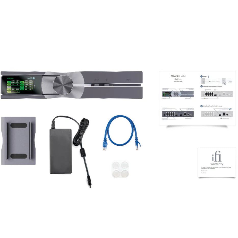 SilentPower OMNI LAN noise filter and conditioner, showing the device with cables and connection ports on a clean surface.
