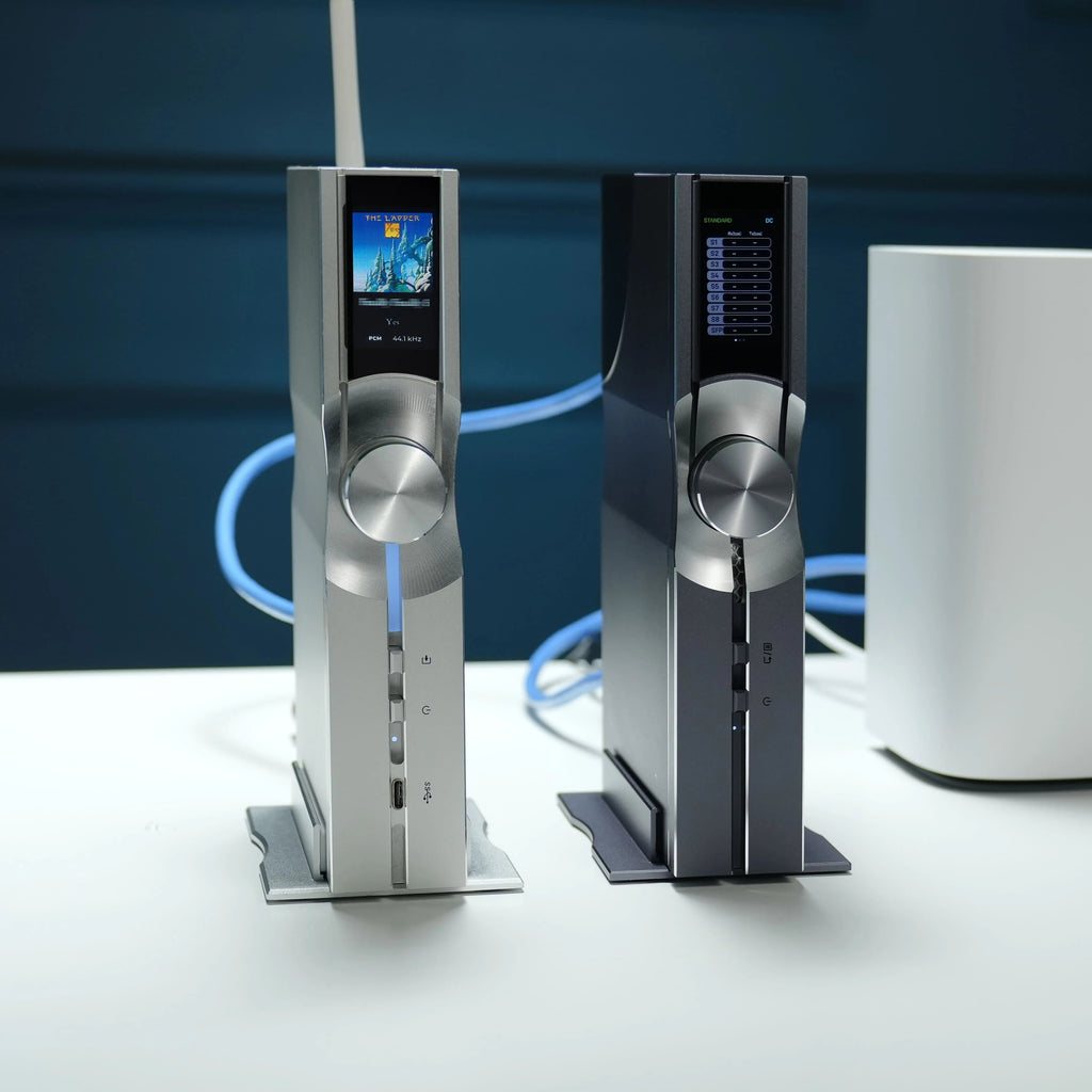 SilentPower OMNI LAN noise filter and conditioner connected to a network port, reducing electrical noise for improved network performance.