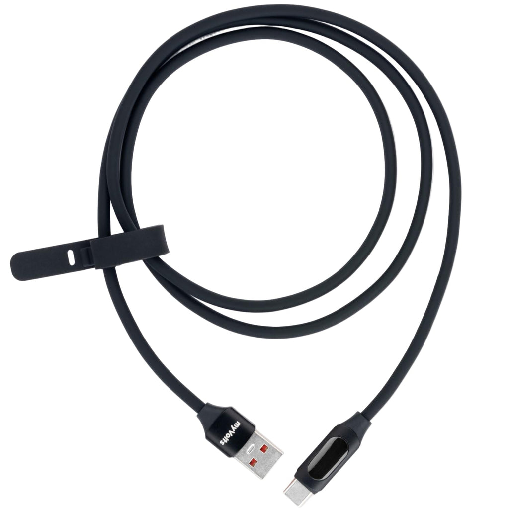 myVolts USB-A to USB-C PD cable with LCD power meter showing voltage and current readings, designed for fast charging and data transfer.