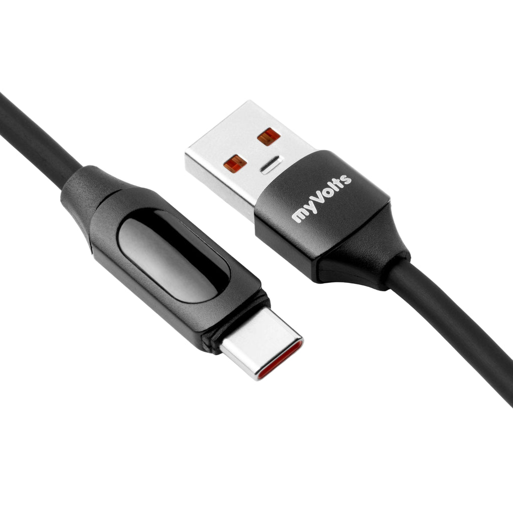 myVolts USB-A to USB-C PD cable with LCD power meter showing connected ports and charging status in a close-up image