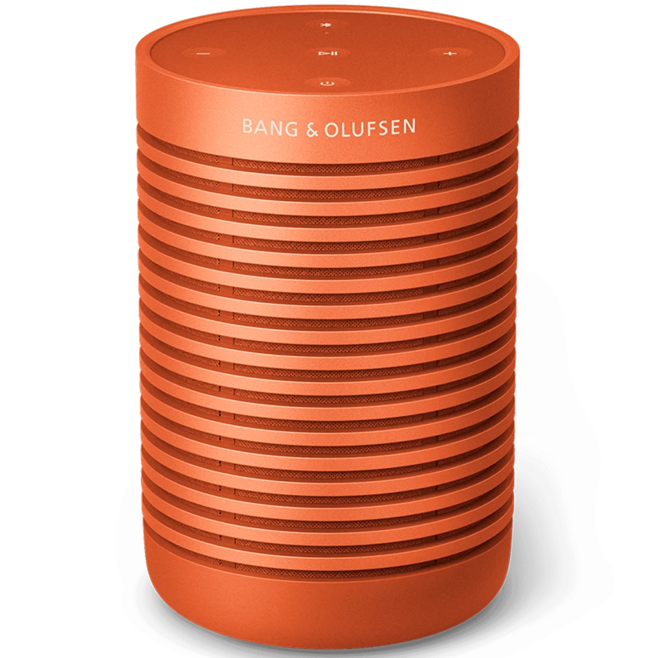 Bang & Olufsen Beosound Explore portable speaker in Bonfire Orange with a sleek, minimalist design.
