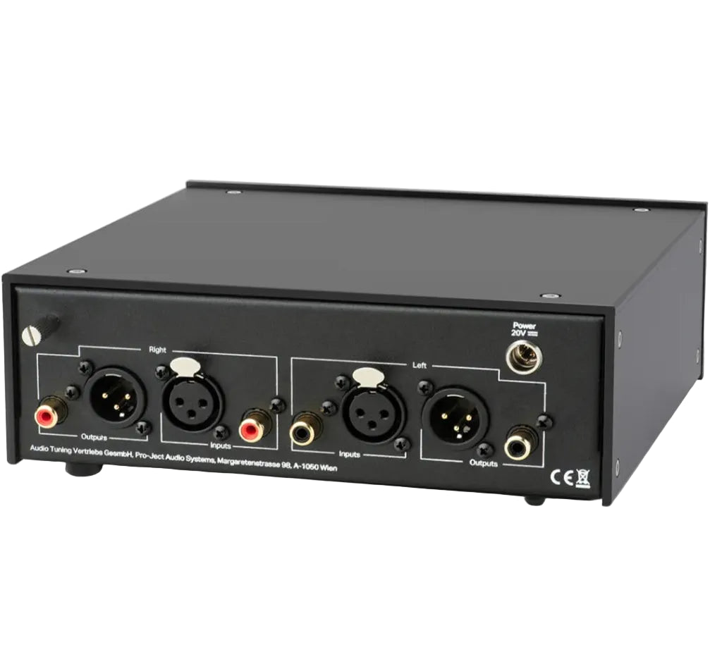 Pro-Ject Phono Box RS2 phono preamp with sleek black design and input/output connections for high-quality vinyl playback.