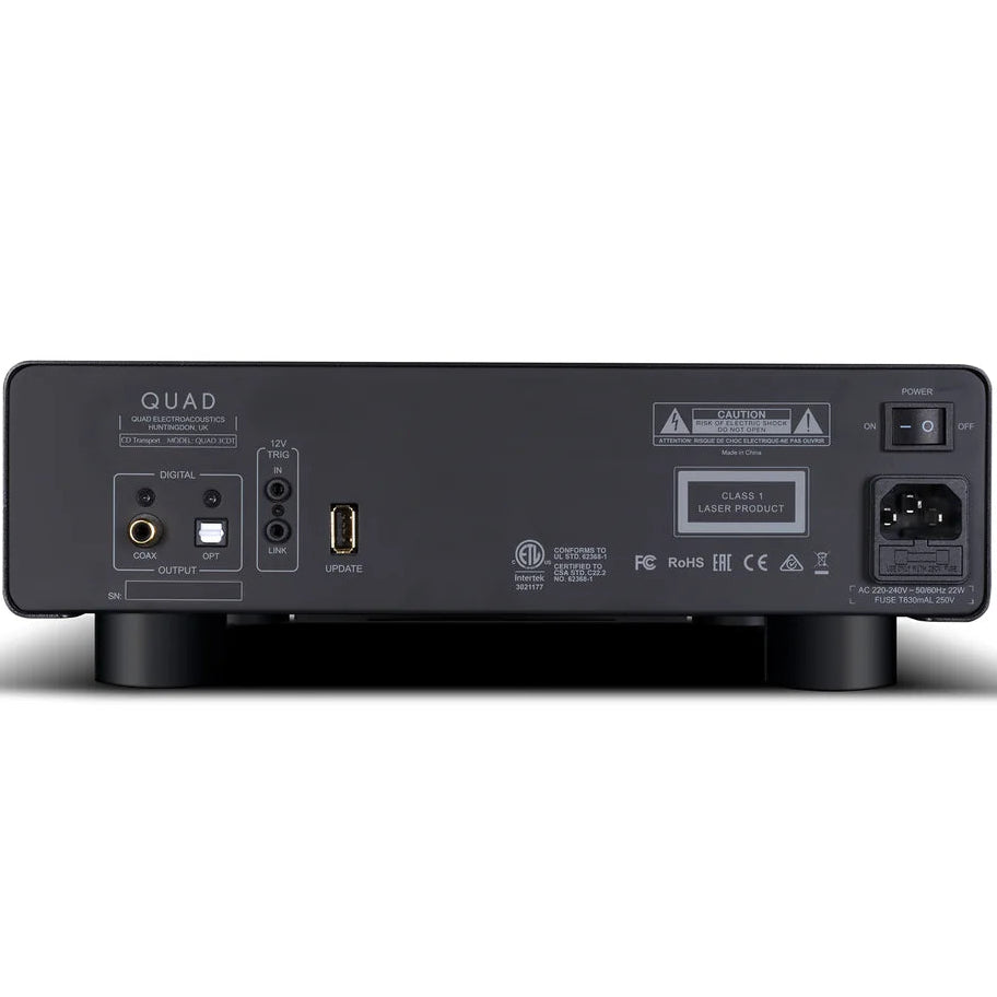 Quad 3CDT CD player with sleek black finish and front-loading disc tray, showcasing modern audio equipment design.