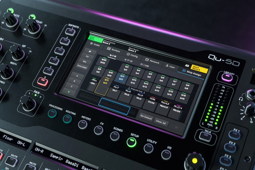 Allen & Heath Qu-5D digital mixer with strip assignment controls and multiple input/output options, shown in this close-up image.