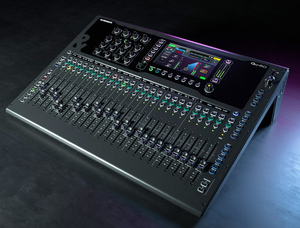 Allen & Heath Qu-6D digital mixer with touchscreen interface and multiple input channels, displayed on a professional audio setup.