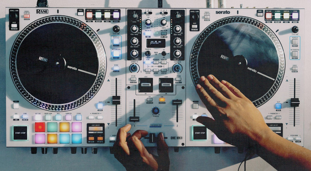 Rane One MKII DJ controller with jog wheels, mixer controls, and performance pads for professional DJ mixing.