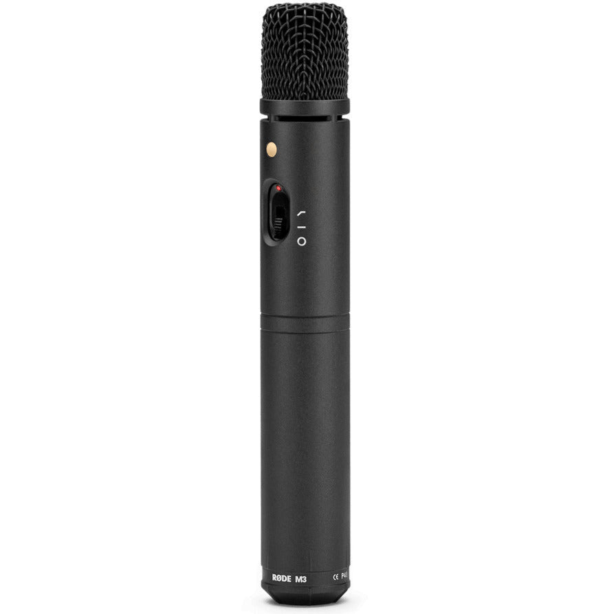 Rode M3 condenser microphone shown from a three-quarter front-left angle, featuring a black body and grille for studio recording.