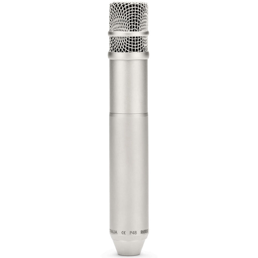 Rode NT3 condenser microphone shown from the back, with a black body and metal grille, designed for studio audio recording.