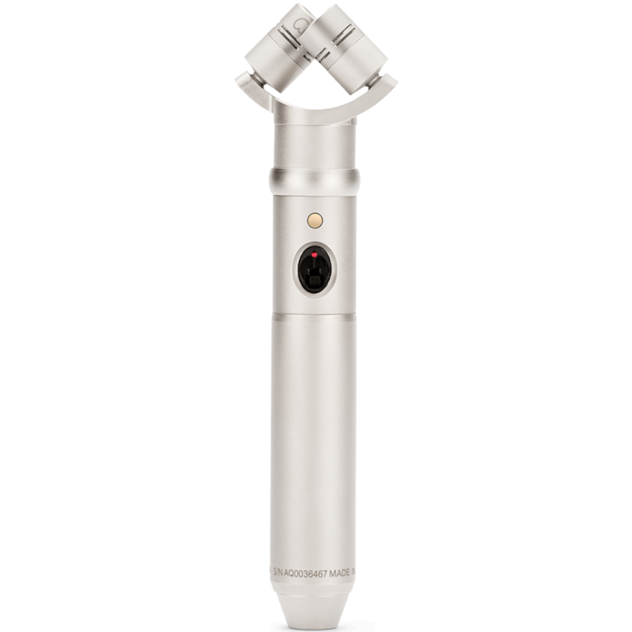 Rode NT4 condenser microphone with dual capsules and metal grille, front view showing microphone body and branding.
