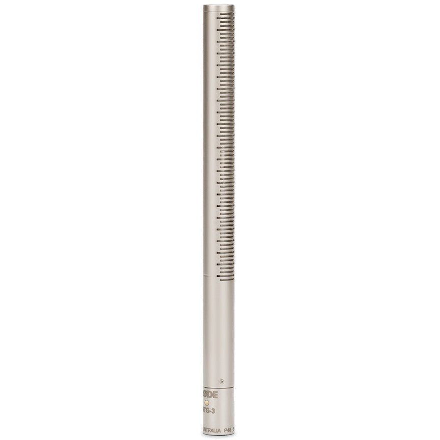 Rode NTG3 shotgun microphone with a sleek design, long body, and integrated shock mount for professional audio recording.