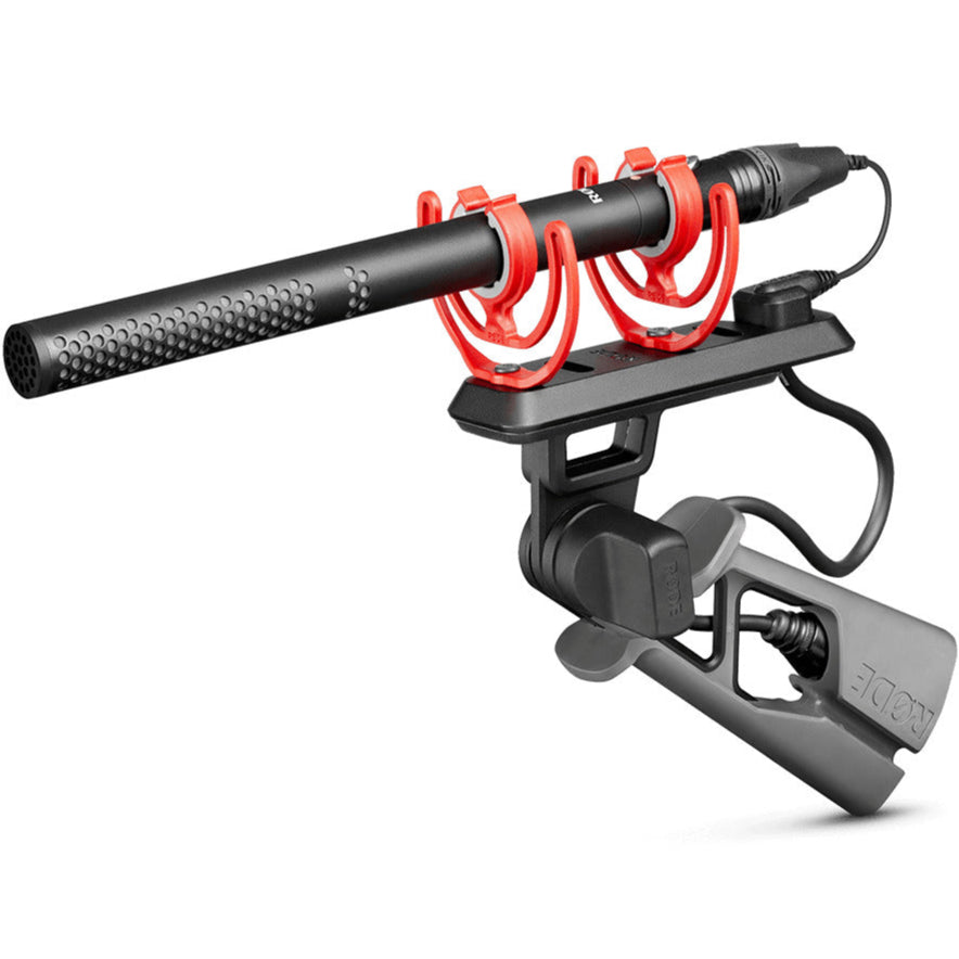 Rode NTG5 camera microphone with PG2-R shock mount, shown in a three-quarter view on a neutral background.