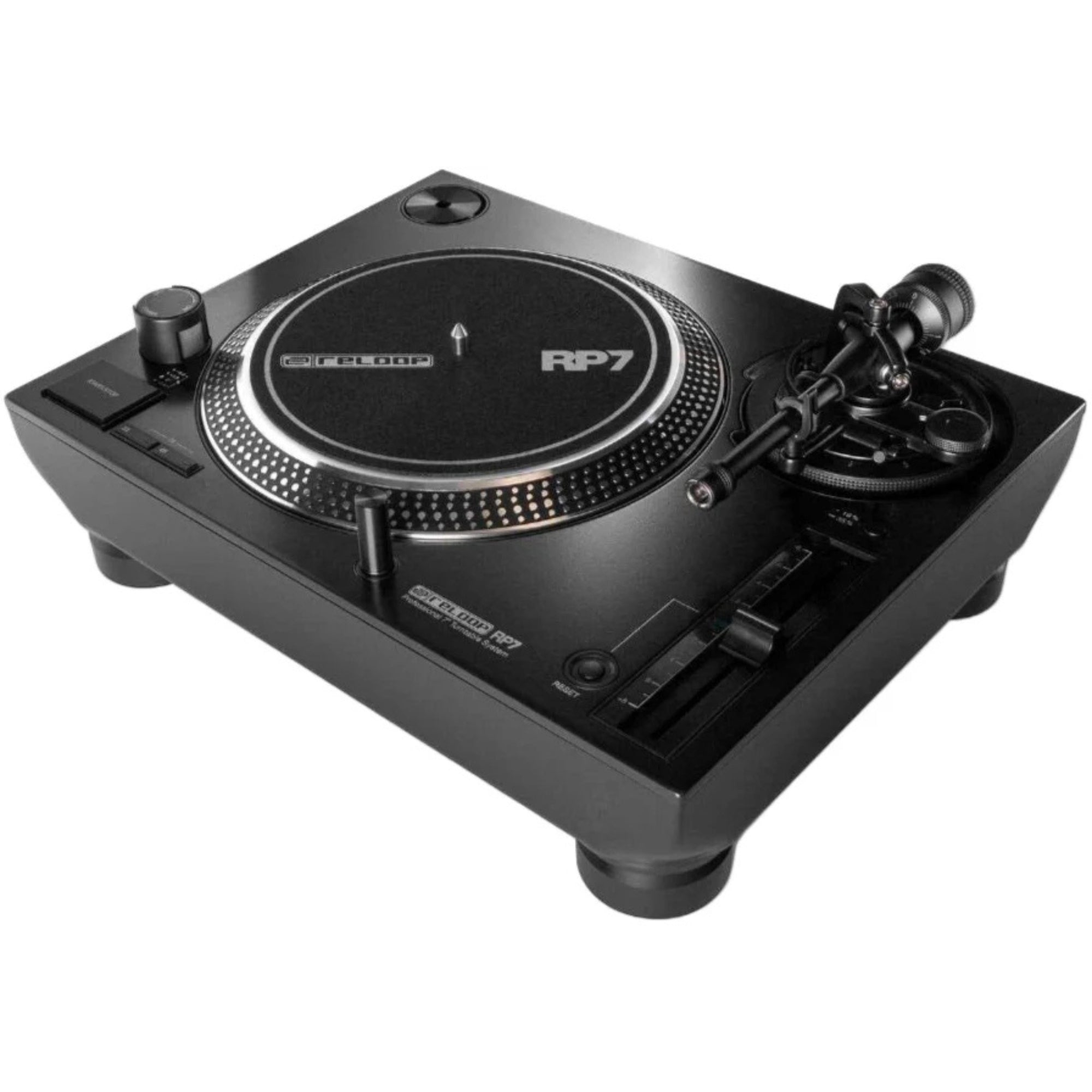 Reloop RP-7 DJ turntable with black platter, tonearm, and control knobs, designed for professional DJ use.