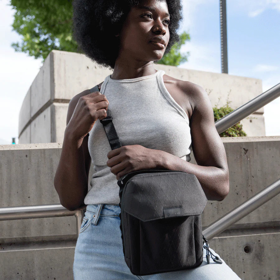 Black Wandrd X1 Cross Body video equipment bag with multiple compartments and adjustable strap, designed for portable camera gear.