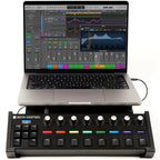 Melbourne Instruments Roto-Control MIDI controller with rotary knobs and faders, designed for seamless integration with Logic Pro.