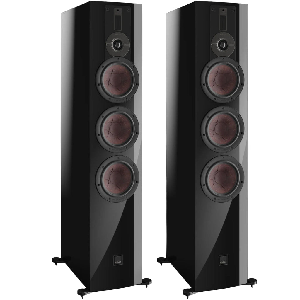 DALI Rubikore 8 passive floorstanding speakers showing black cabinets and sleek design for high-quality audio.