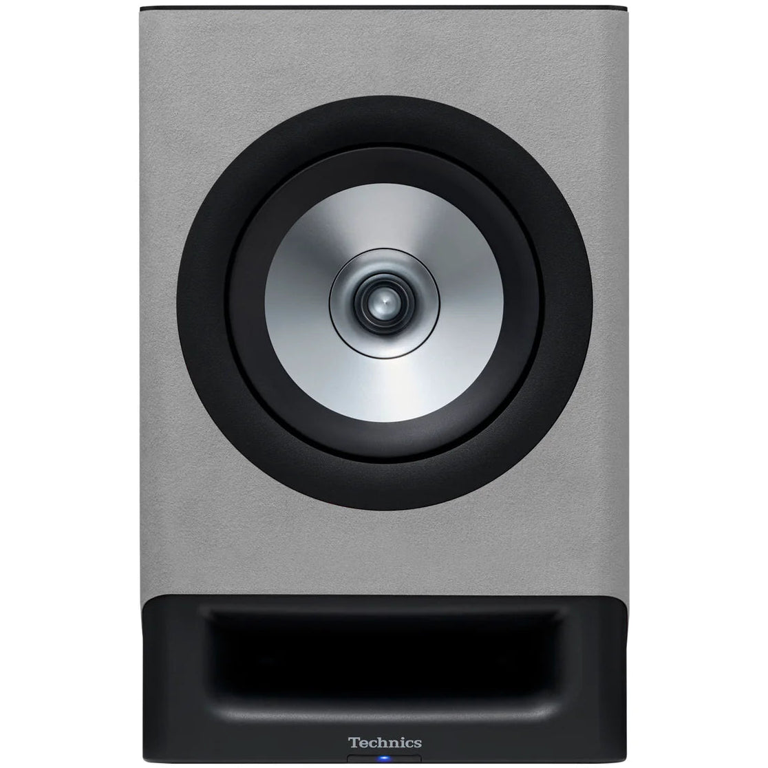 Technics SC-CX700 active bookshelf speakers in gray, showing the front view with speaker grilles and sleek design.