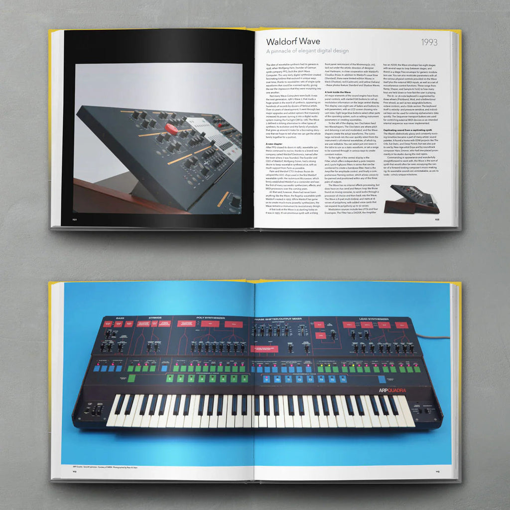 Open book titled Bjooks Synth Gems 1 showing colorful pages with synth music and gear illustrations on a white background.