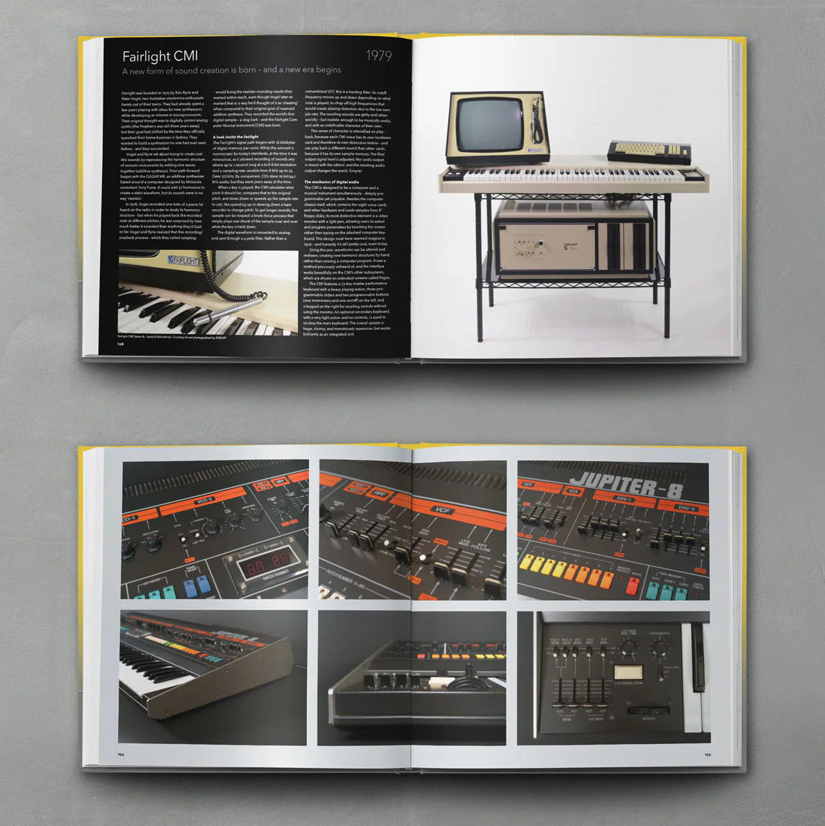Open spread of Bjooks Synth Gems 1 book showing colorful pages with synthesizer images and detailed illustrations.