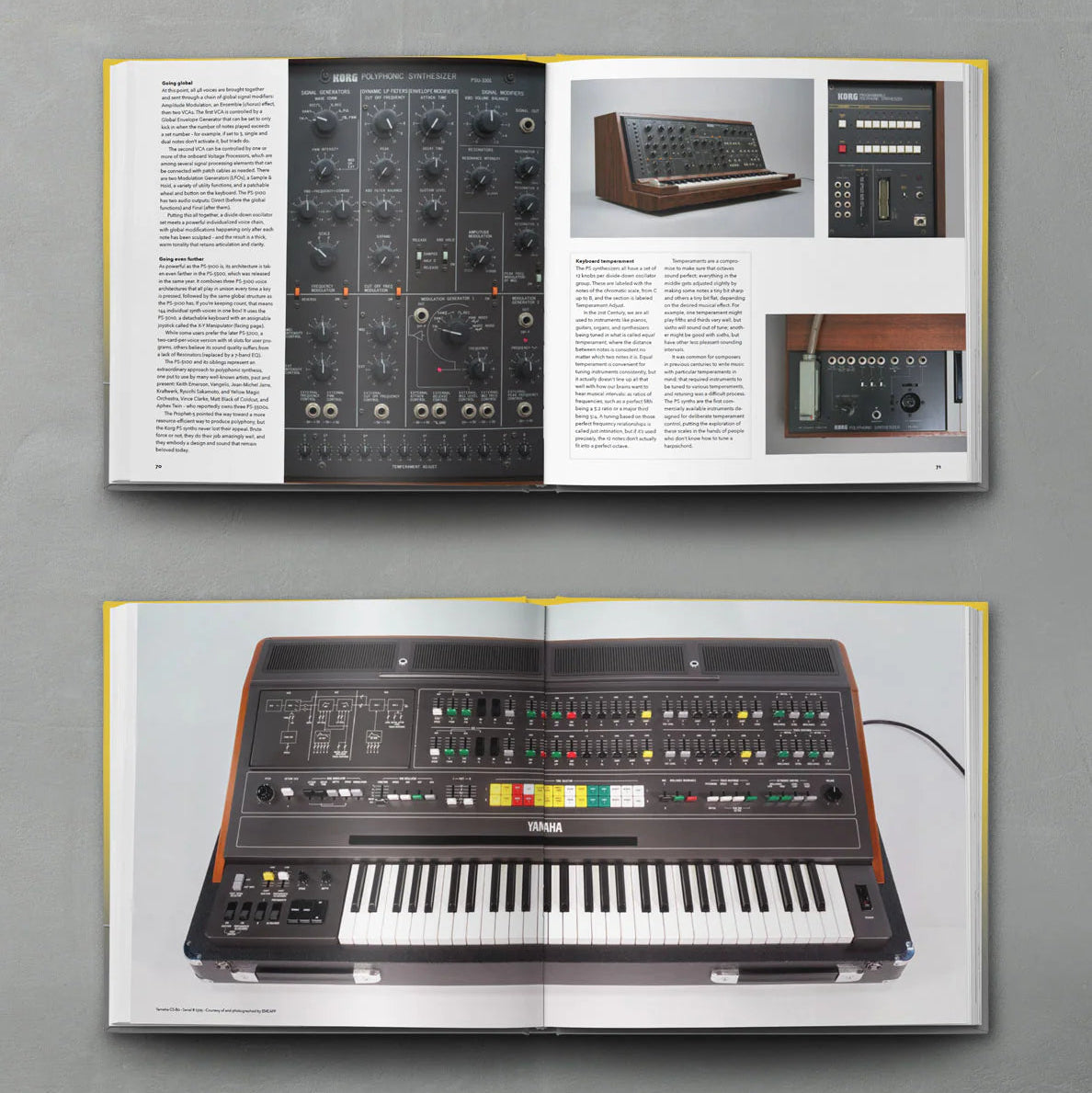 Open book displaying colorful synth circuit diagrams and illustrations from Bjooks Synth Gems 1 book on electronic music synthesis.