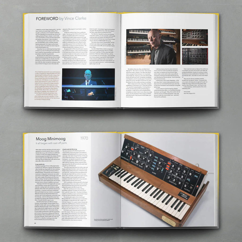 Open book titled Bjooks Synth Gems 1 showing colorful diagrams and illustrations of synthesizer circuits and electronic music gear.