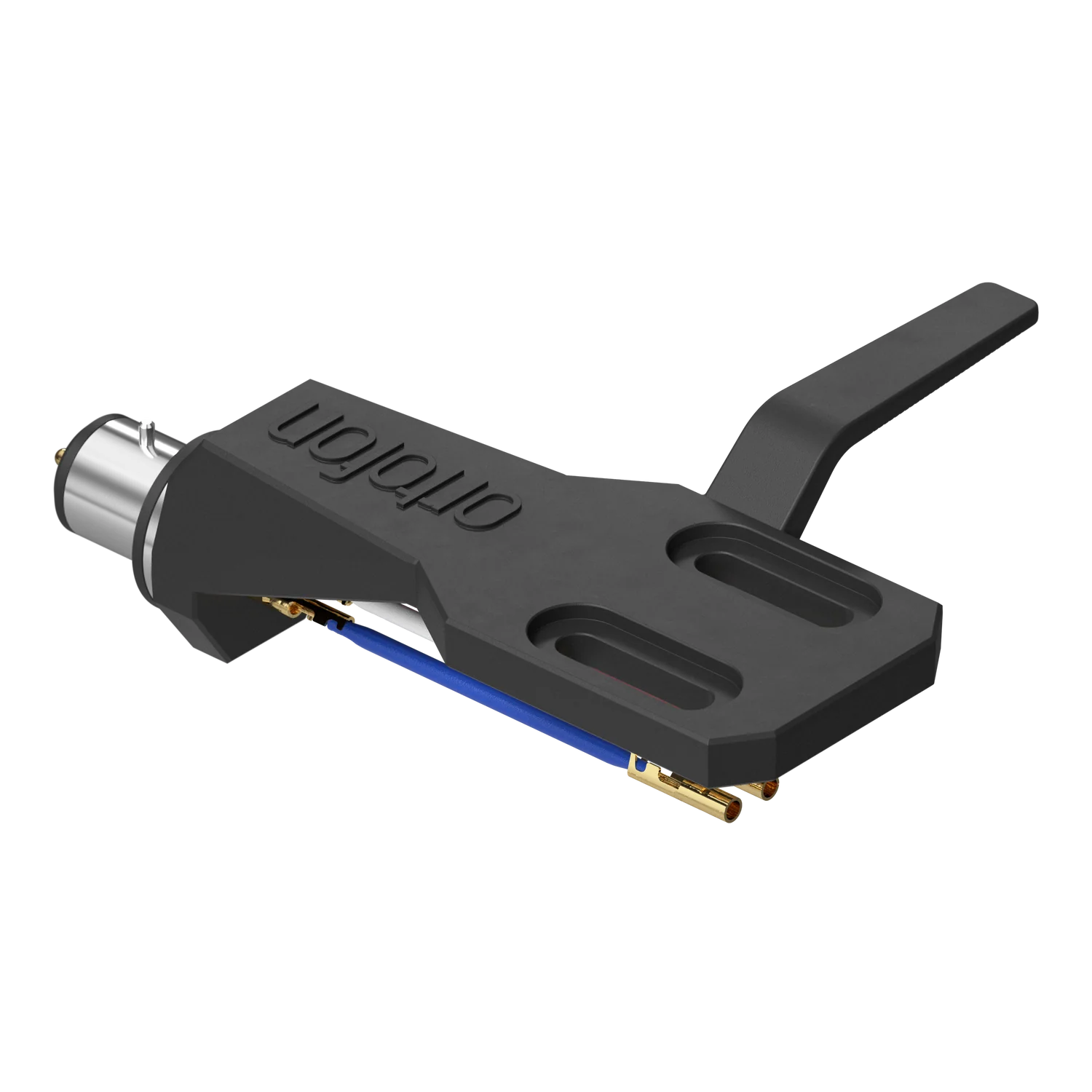 Ortofon SH-2 Black headshell for turntable cartridges, shown from a top-right tilt angle.