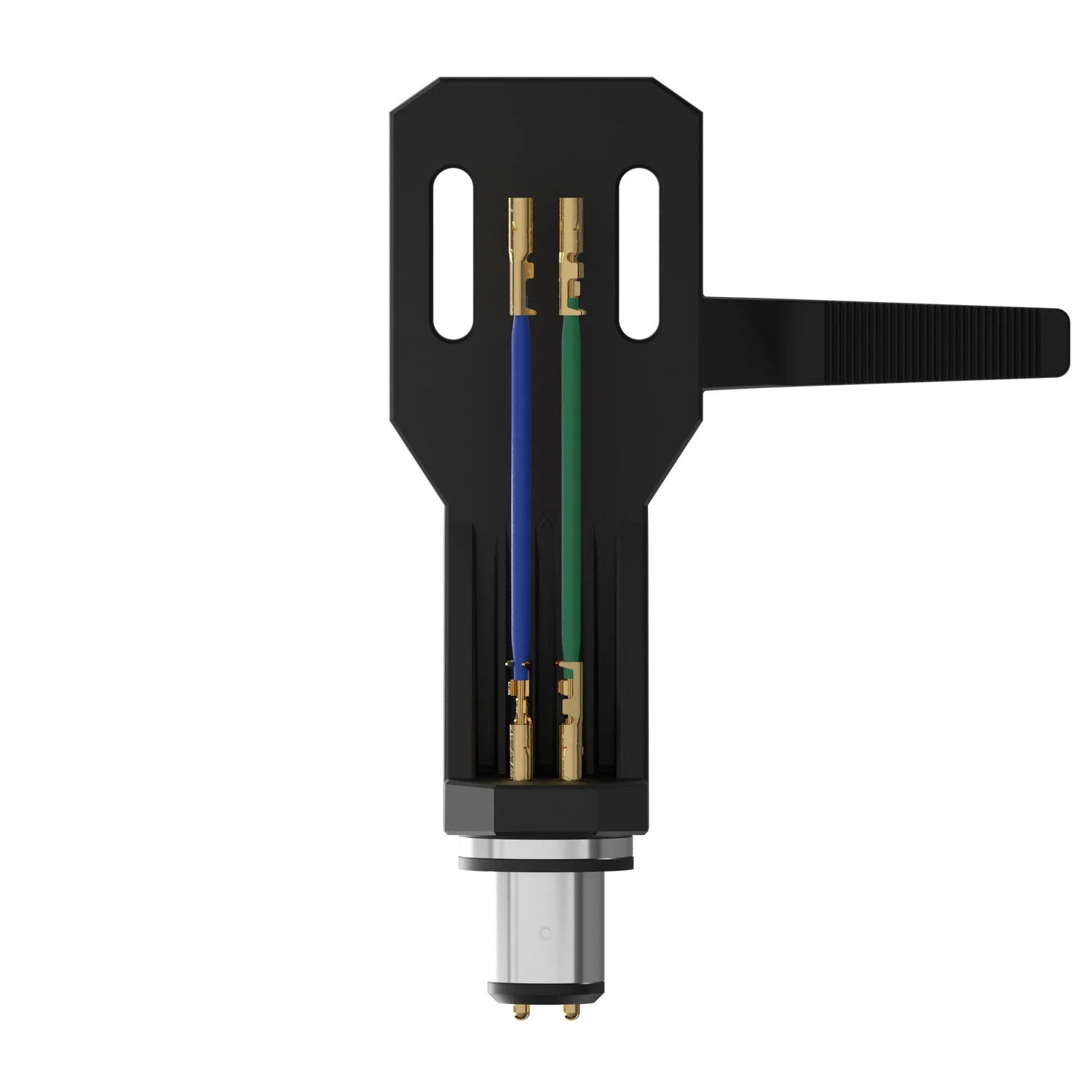 Ortofon SH-2 Black headshell for turntable cartridges, showing the sleek black design and mounting hardware at the bottom.
