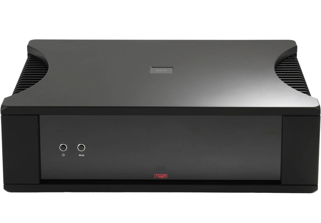 Rega Solis stereo amplifier showcasing sleek design and control knobs in a modern setup.