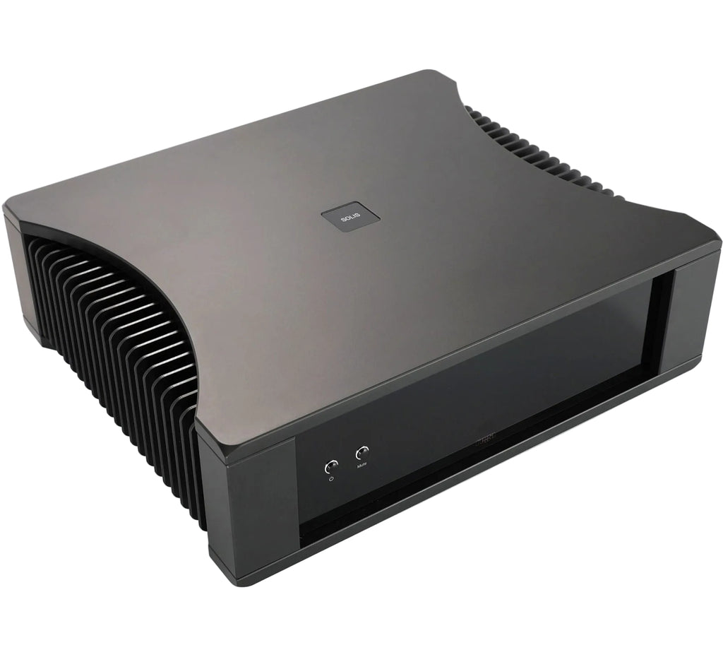 Rega Solis stereo amplifier featuring a sleek modern design with a black finish and control knobs on the front panel.