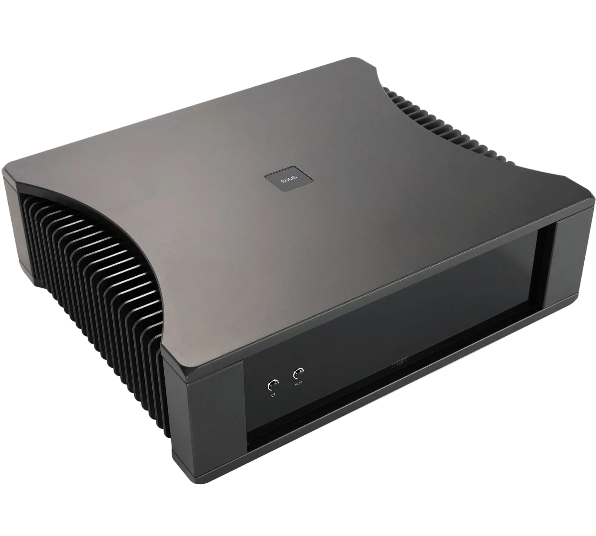 Rega Solis stereo amplifier featuring a sleek modern design with a black finish and control knobs on the front panel.
