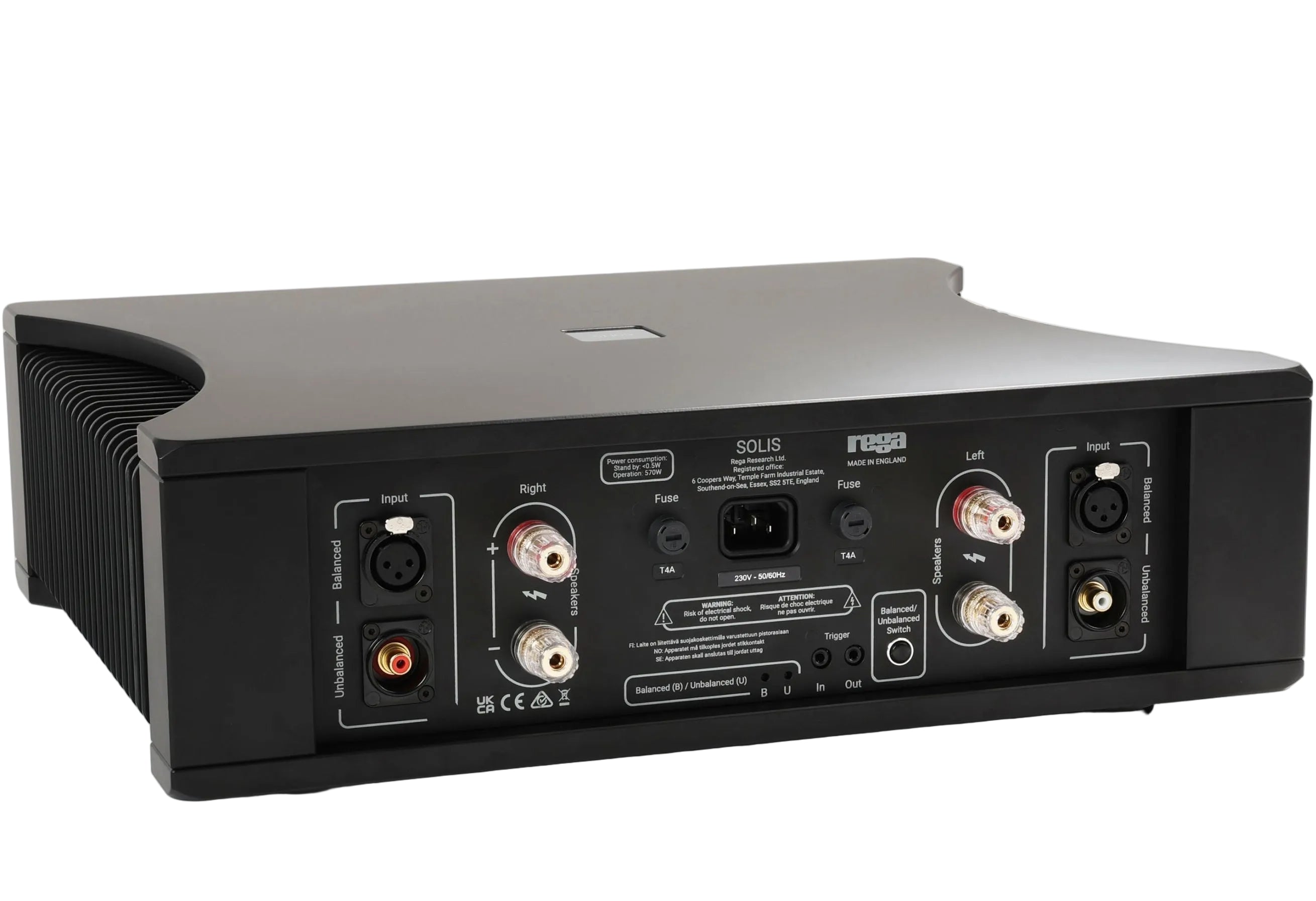 Rega Solis stereo amplifier showing rear panel with input and output connections, sleek modern design, black finish.