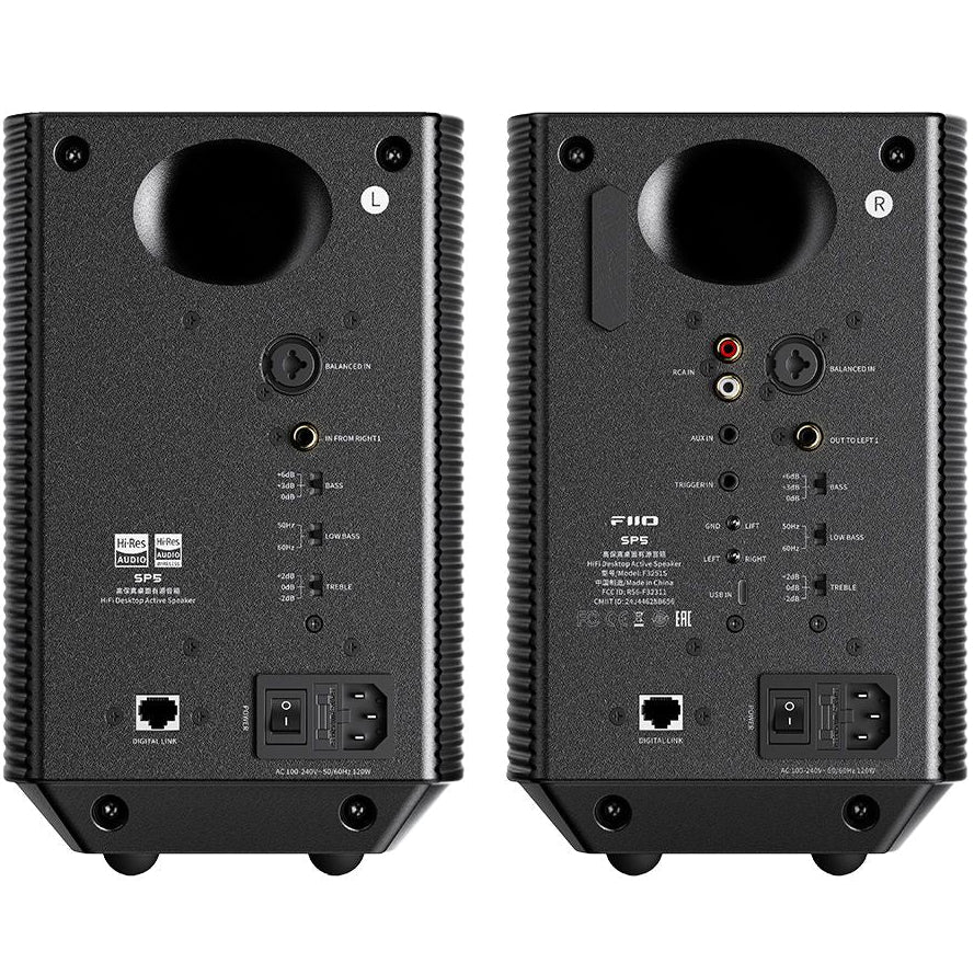 FiiO SP5 desktop speakers with black finish, compact design, and audio controls visible on the front panel.