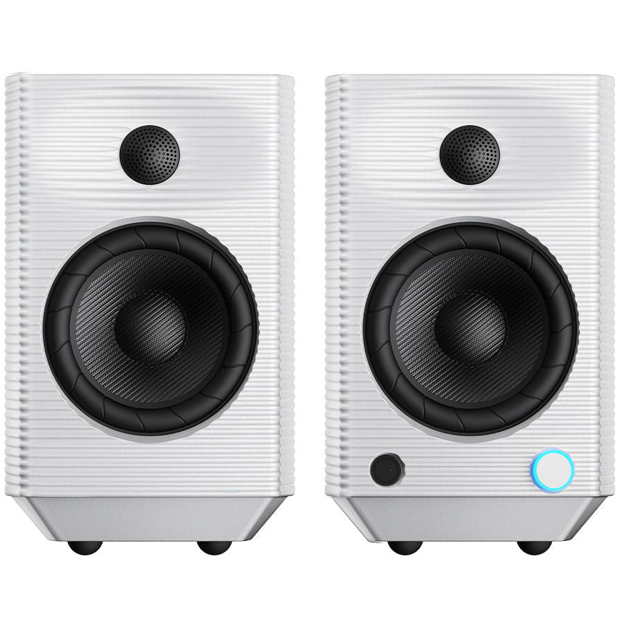FiiO SP5 desktop speakers with sleek black design, compact size, and audio input ports visible on the front.