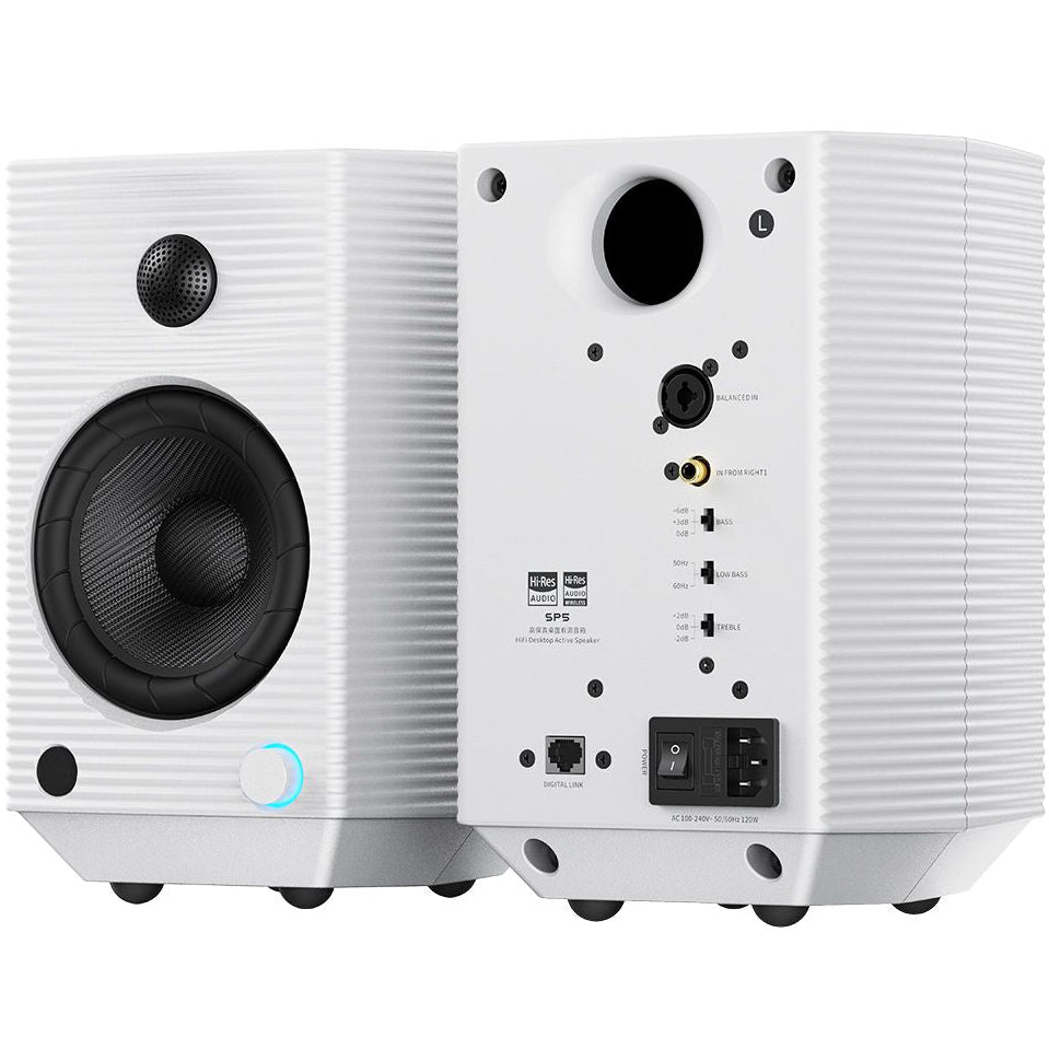 FiiO SP5 desktop speakers with sleek black design and compact size, ideal for high-quality audio playback.