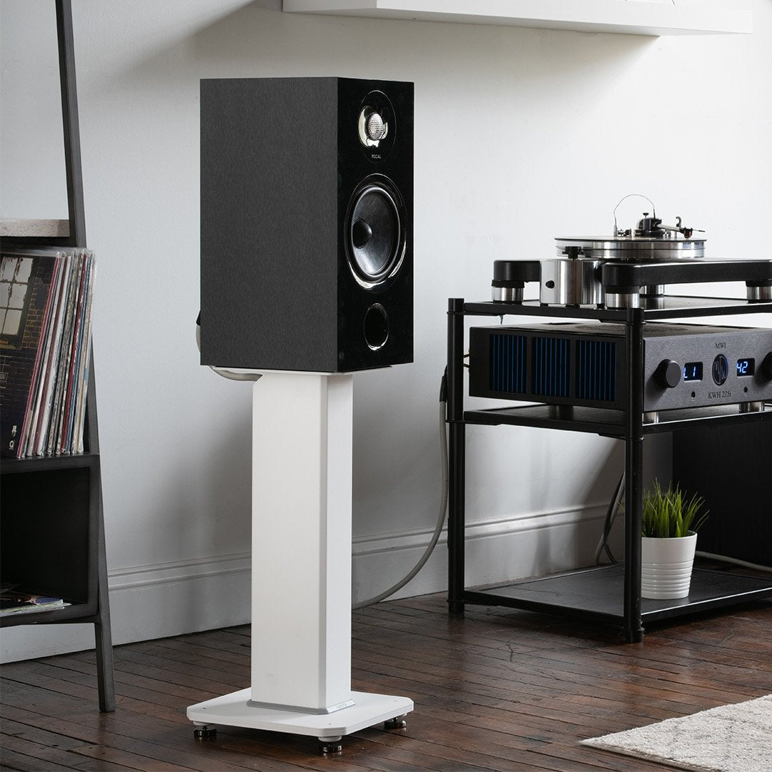 Kanto Audio SX 22 speaker stands supporting a record player in a stylish home audio setup.