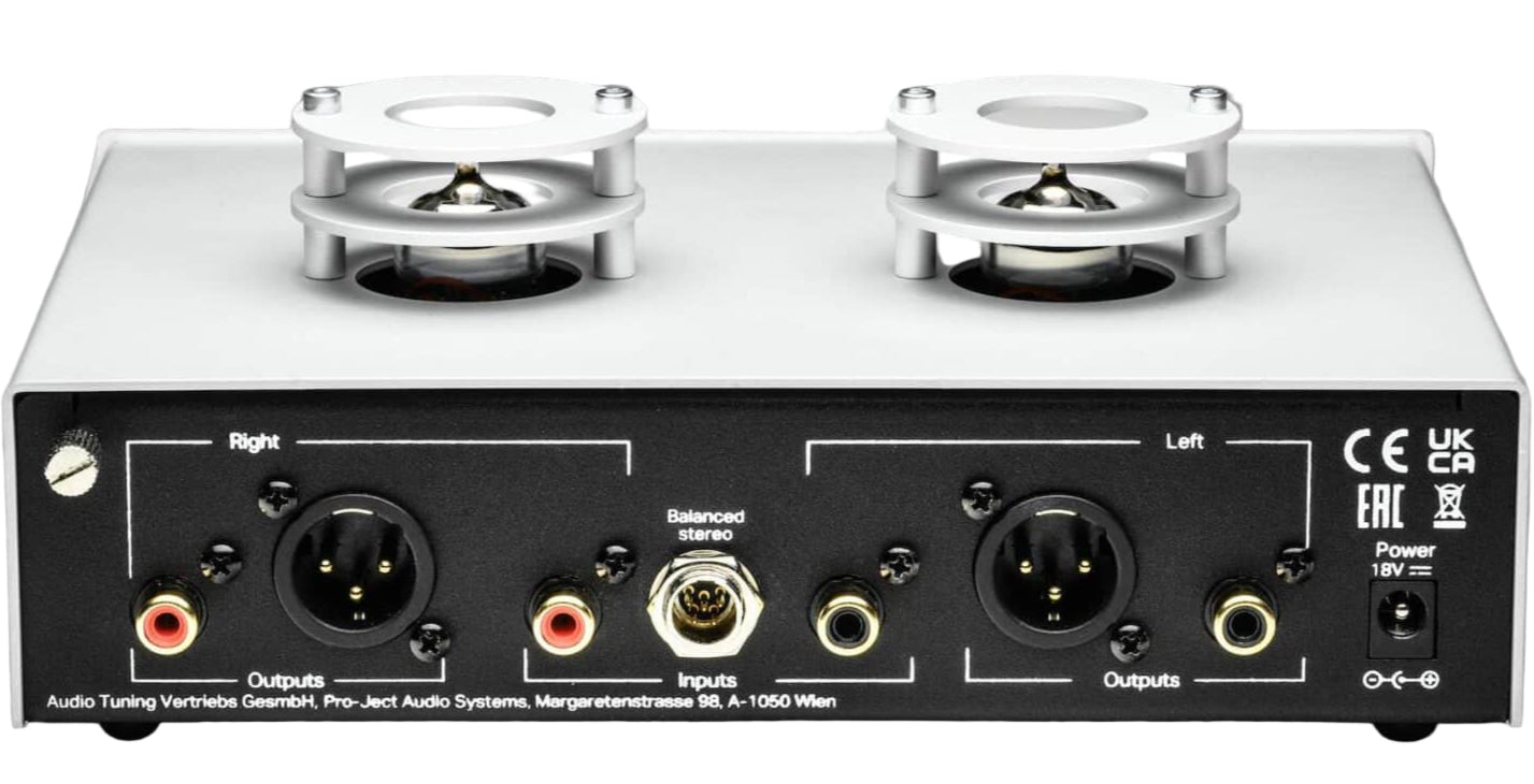 Pro-Ject Tube Box S3 B phono preamp with tube design and control knobs, used for enhancing vinyl record audio quality.
