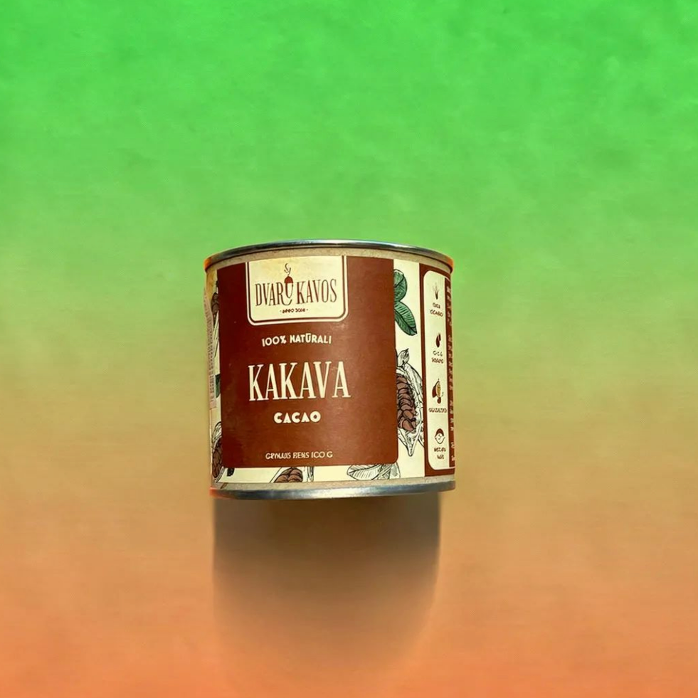Dvaro Kavos organic cacao powder in a 100g package, showing the product label and packaging details.