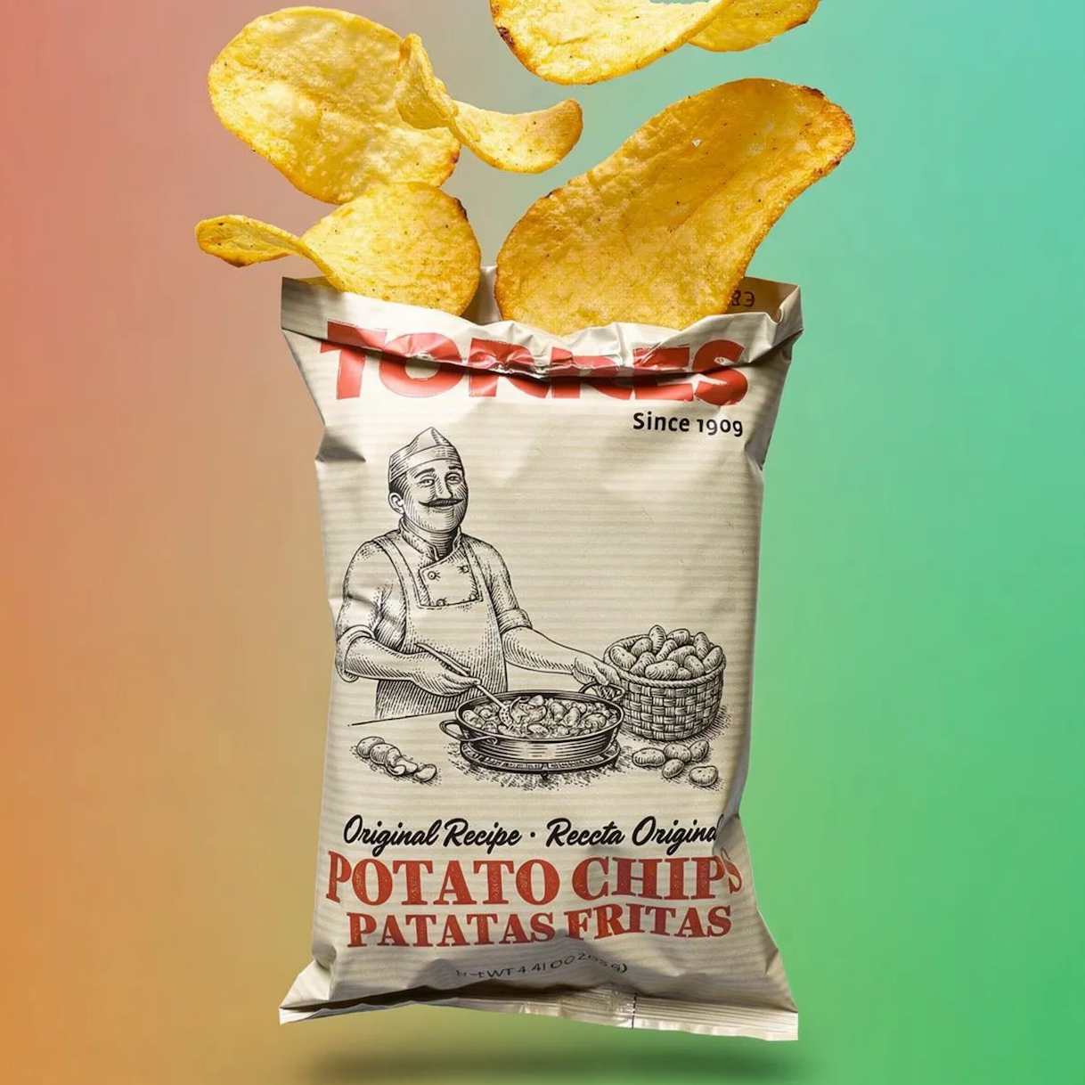 Bag of potato chips with a vintage-style illustration on a gradient background